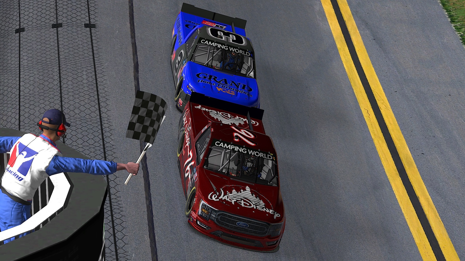 Checkered flag finish with two trucks